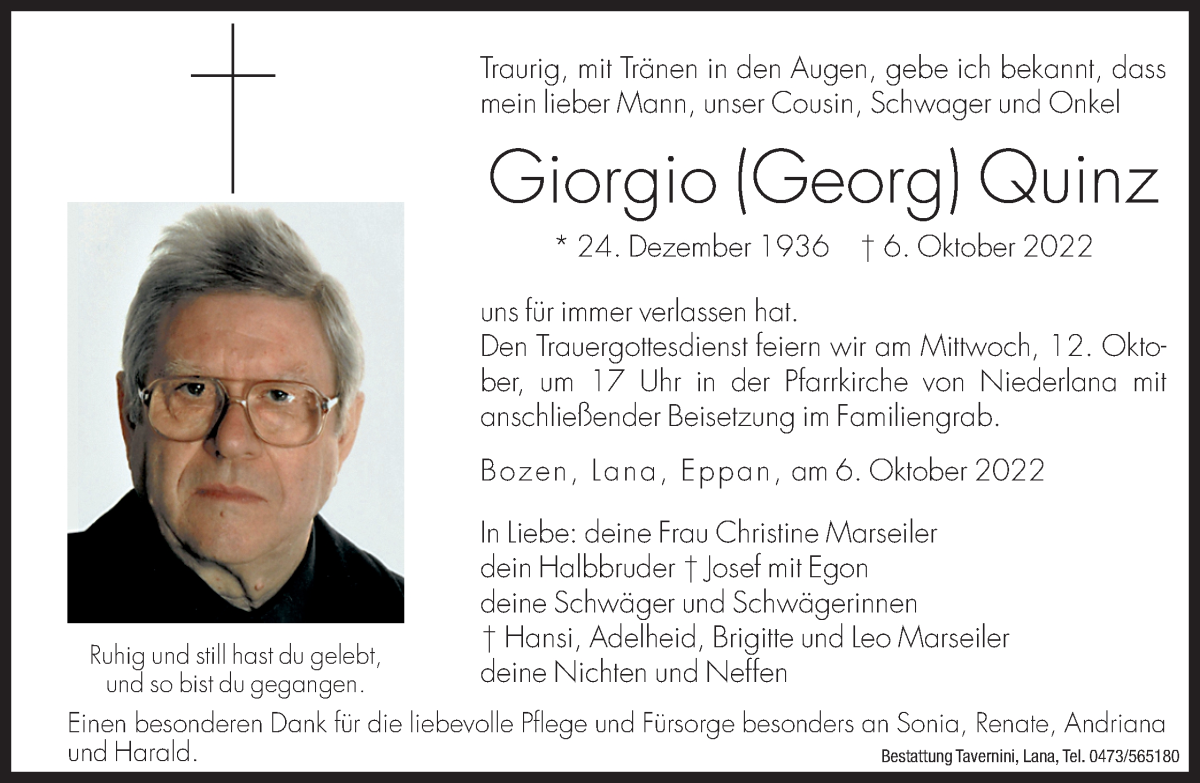  Traueranzeige für Giorgio (Georg) Quinz vom 10.10.2022 aus Dolomiten