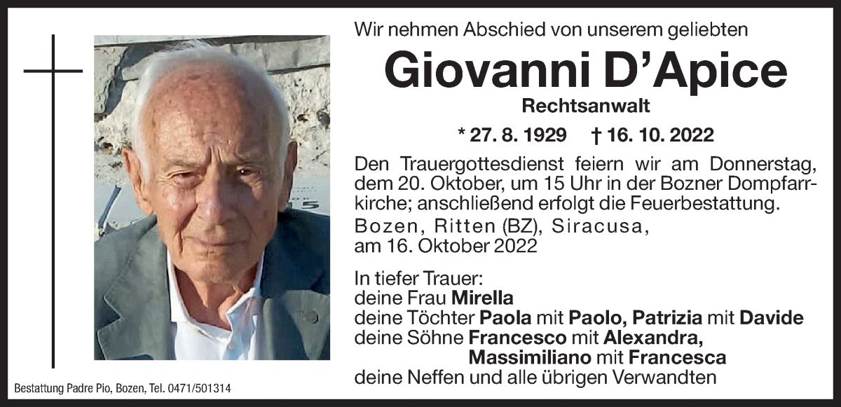  Traueranzeige für Giovanni D'Apice vom 19.10.2022 aus Dolomiten