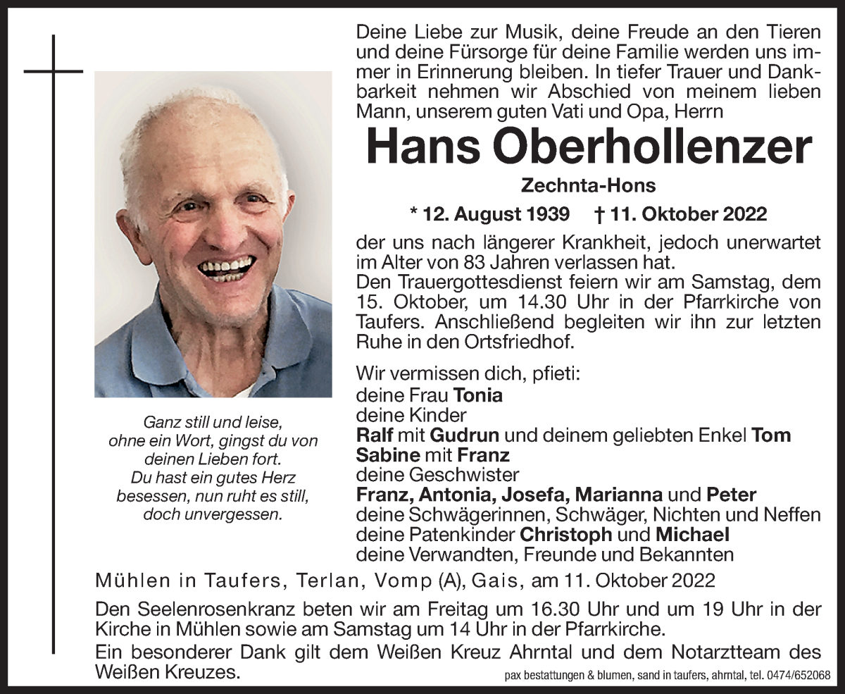  Traueranzeige für Hans Oberhollenzer vom 14.10.2022 aus Dolomiten