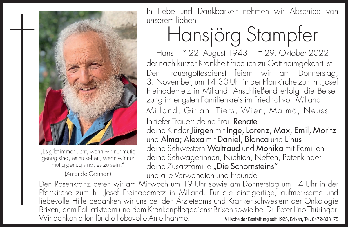  Traueranzeige für Hansjörg Stampfer vom 31.10.2022 aus Dolomiten