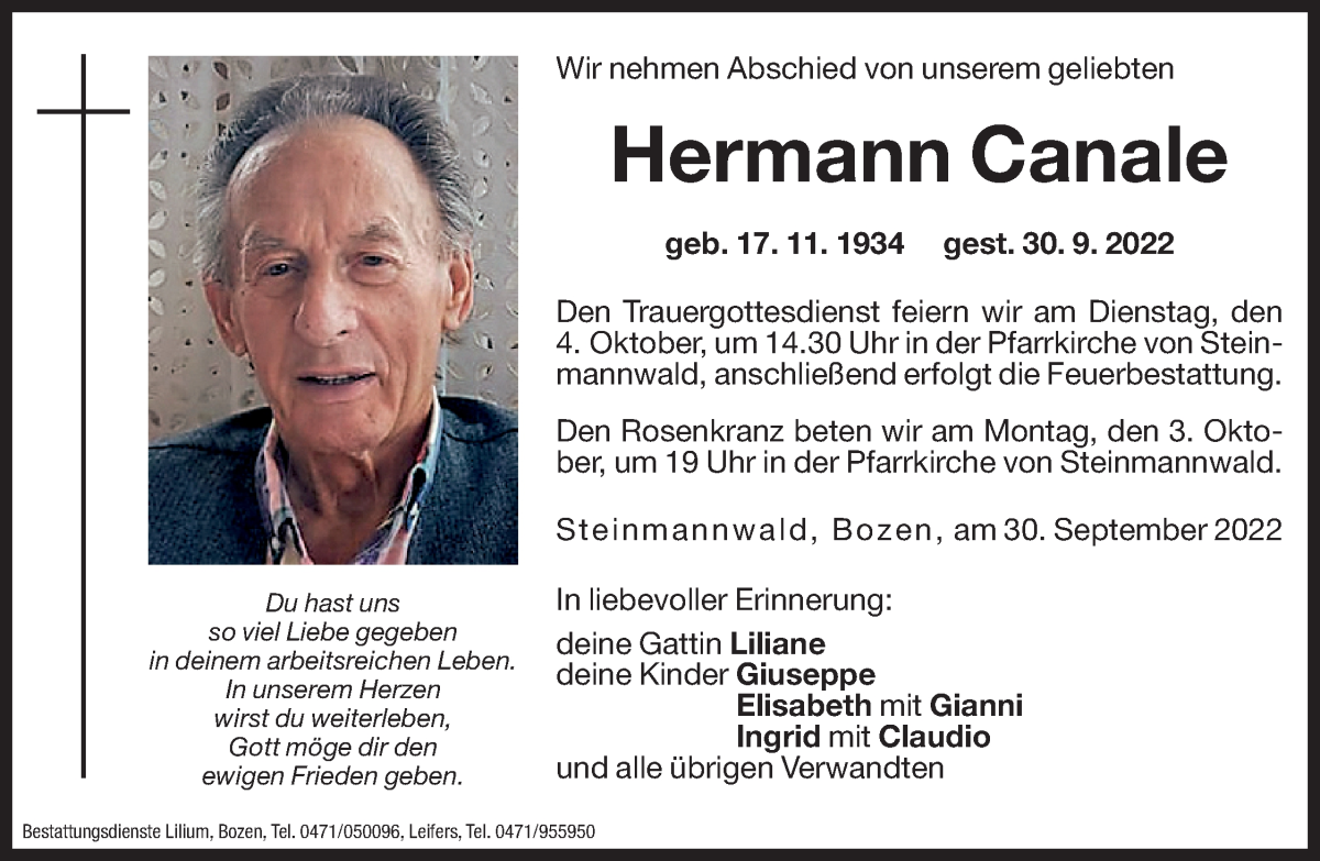  Traueranzeige für Hermann Canale vom 01.10.2022 aus Dolomiten