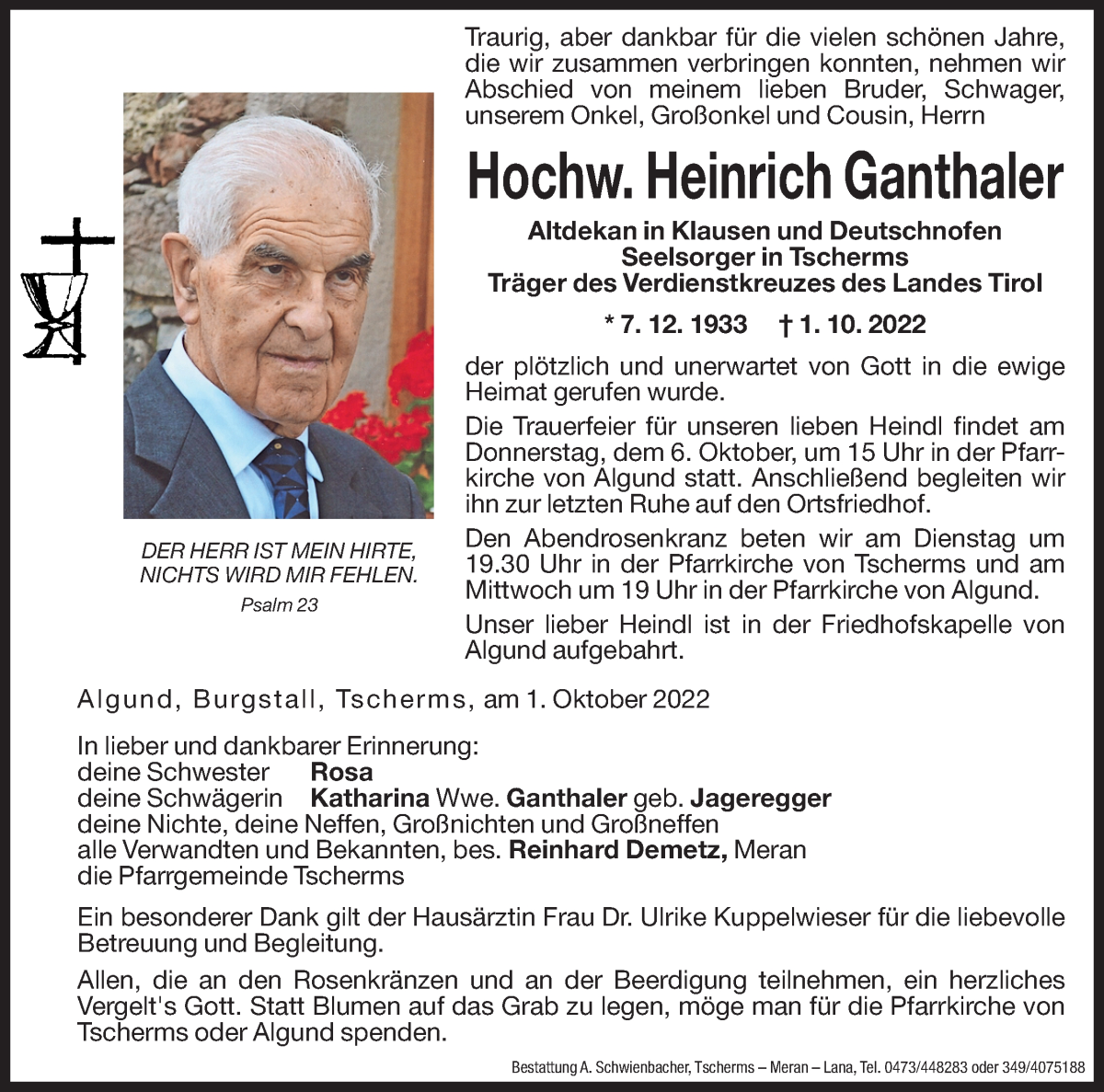  Traueranzeige für Hochw. Heinrich Ganthaler vom 03.10.2022 aus Dolomiten