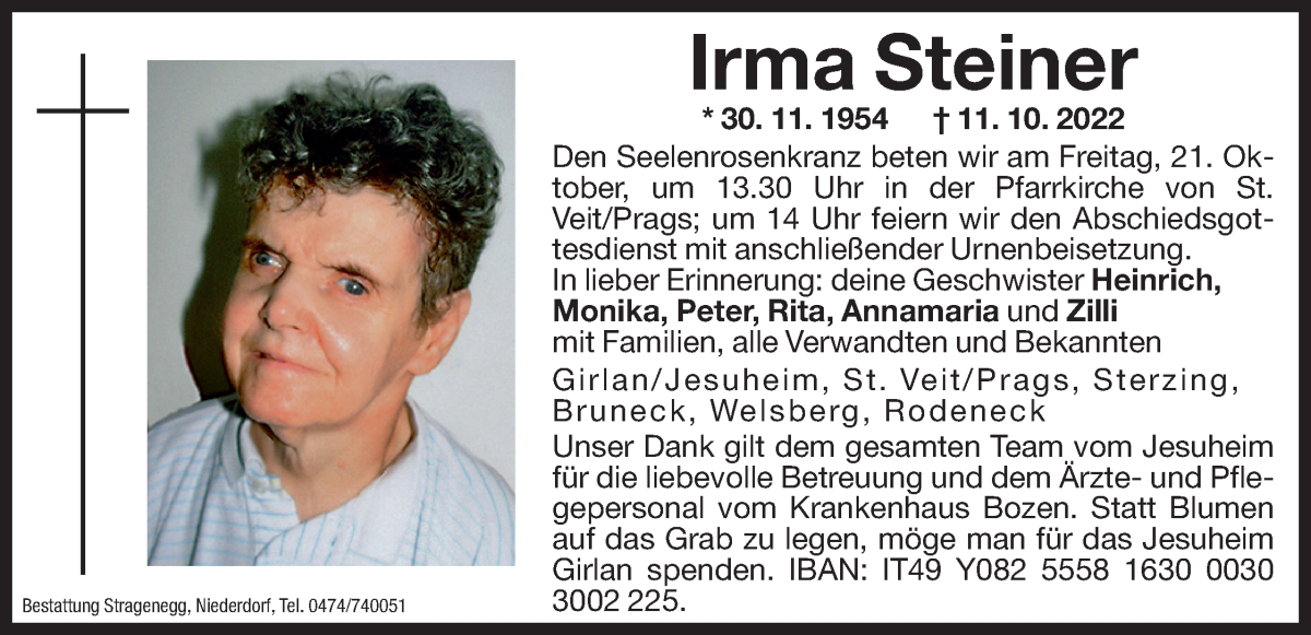  Traueranzeige für Irma Steiner vom 19.10.2022 aus Dolomiten