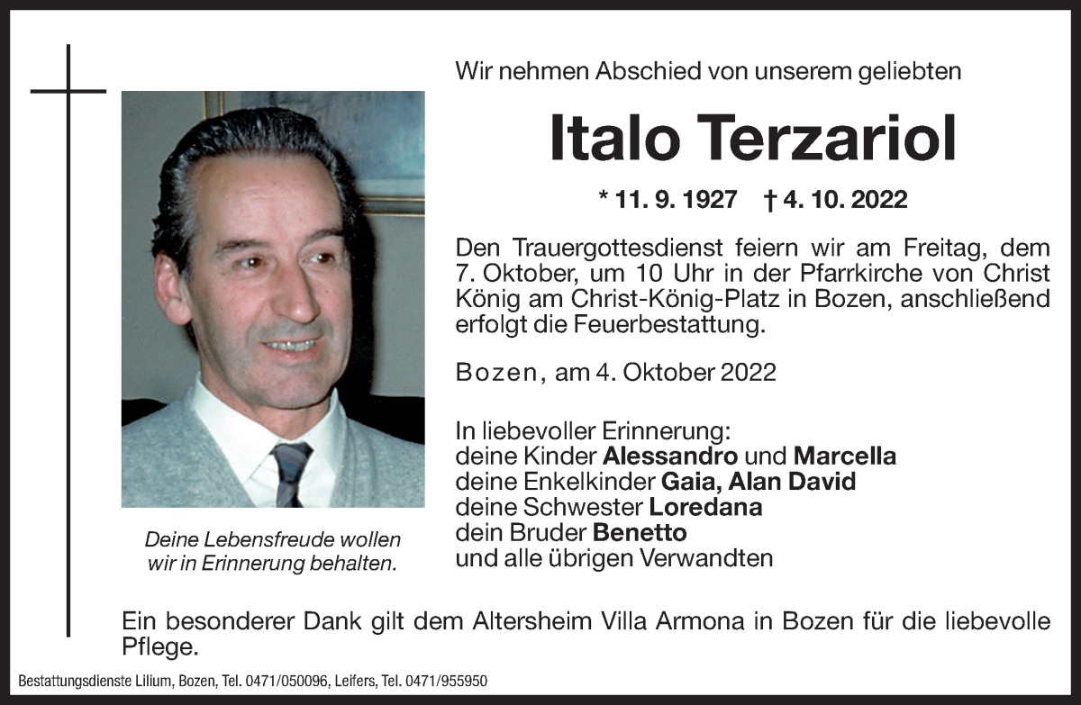  Traueranzeige für Italo Terzariol vom 05.10.2022 aus Dolomiten
