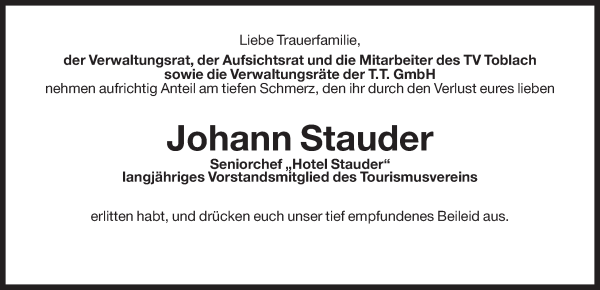 Traueranzeige von Johann Stauder von Dolomiten