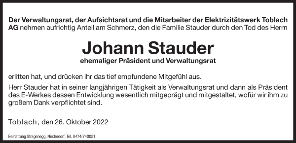 Traueranzeige von Johann Stauder von Dolomiten