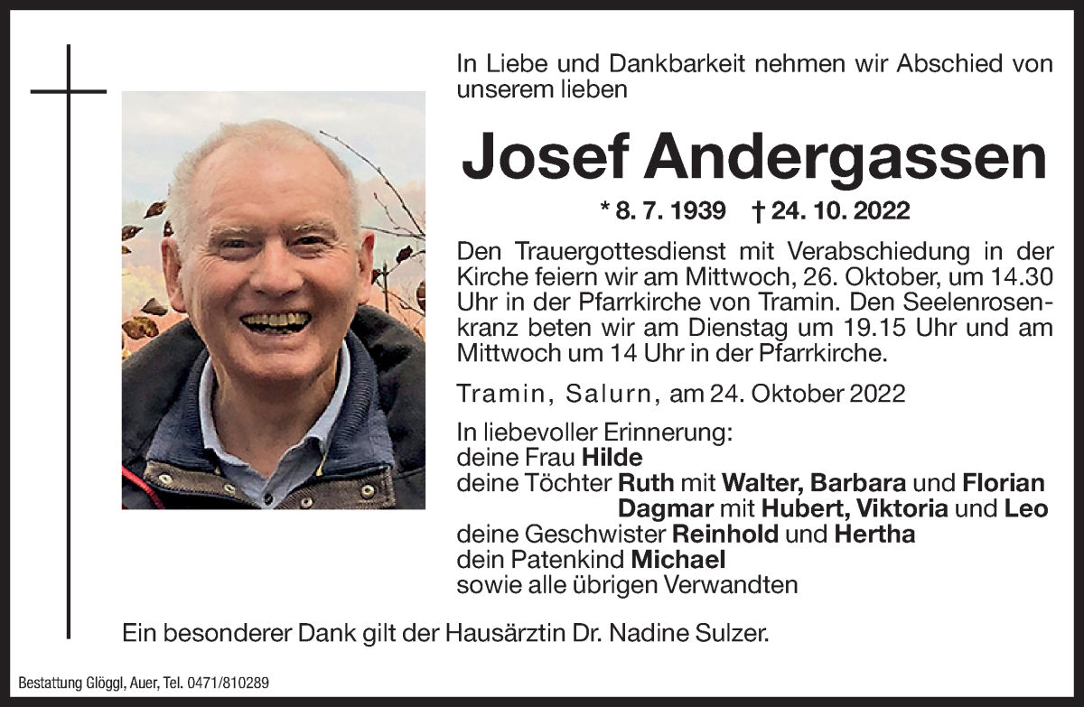  Traueranzeige für Josef Andergassen vom 25.10.2022 aus Dolomiten