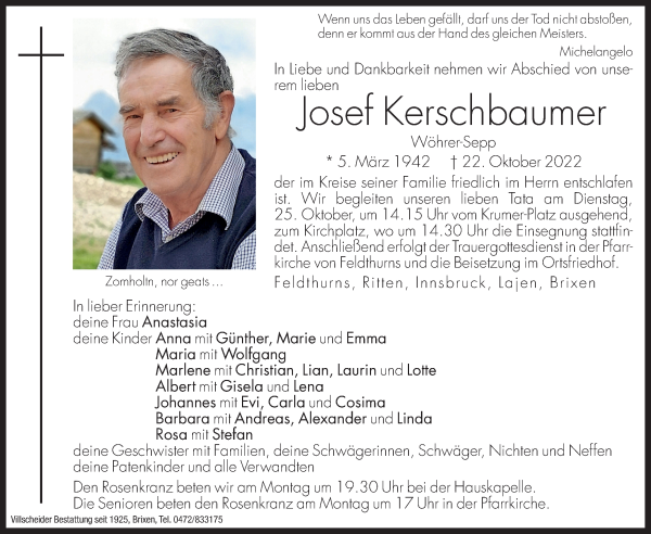 Traueranzeige von Josef Kerschbaumer von Dolomiten