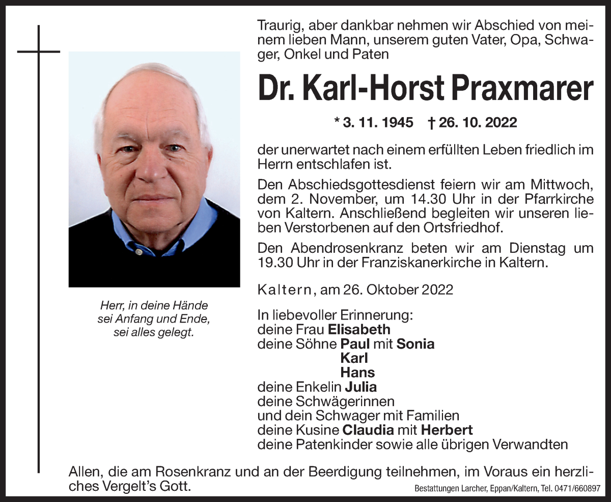  Traueranzeige für Karl-Horst Praxmarer vom 29.10.2022 aus Dolomiten