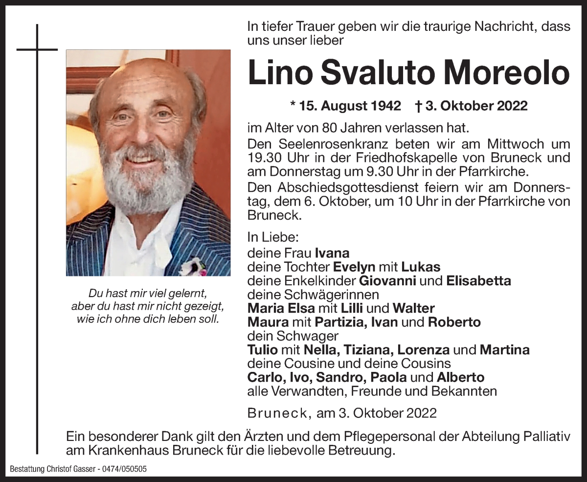  Traueranzeige für Lino Svaluto Moreolo vom 04.10.2022 aus Dolomiten