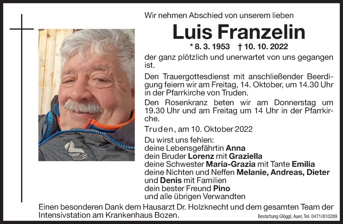  Traueranzeige für Luis Franzelin vom 12.10.2022 aus Dolomiten