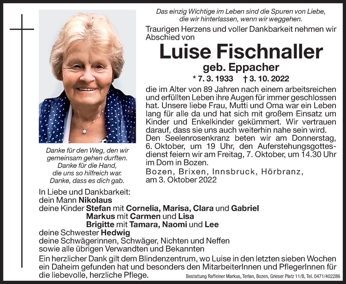 Traueranzeige für Luise Fischnaller vom 05.10.2022 aus Dolomiten