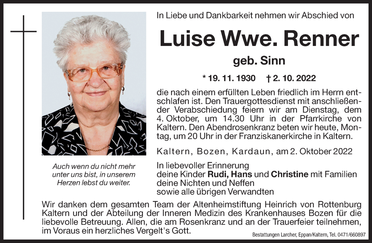  Traueranzeige für Luise Renner vom 03.10.2022 aus Dolomiten