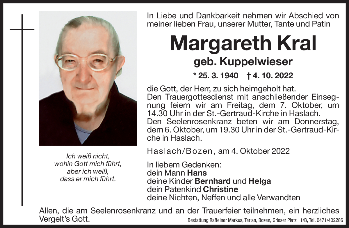  Traueranzeige für Margareth Kral vom 05.10.2022 aus Dolomiten