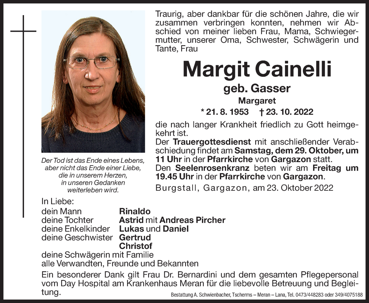  Traueranzeige für Margit Cainelli vom 28.10.2022 aus Dolomiten
