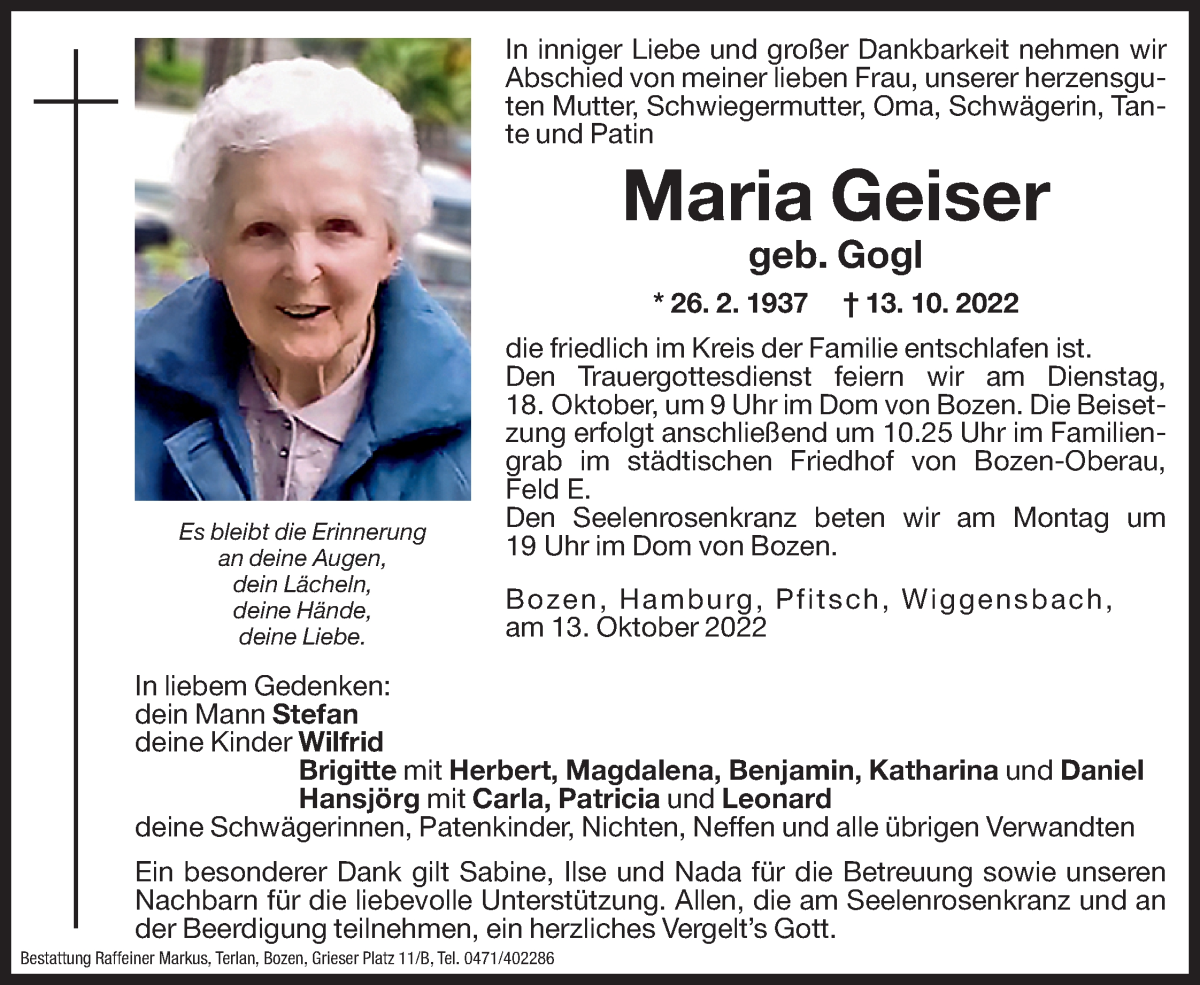 Traueranzeigen von Maria Geiser | Trauer.bz