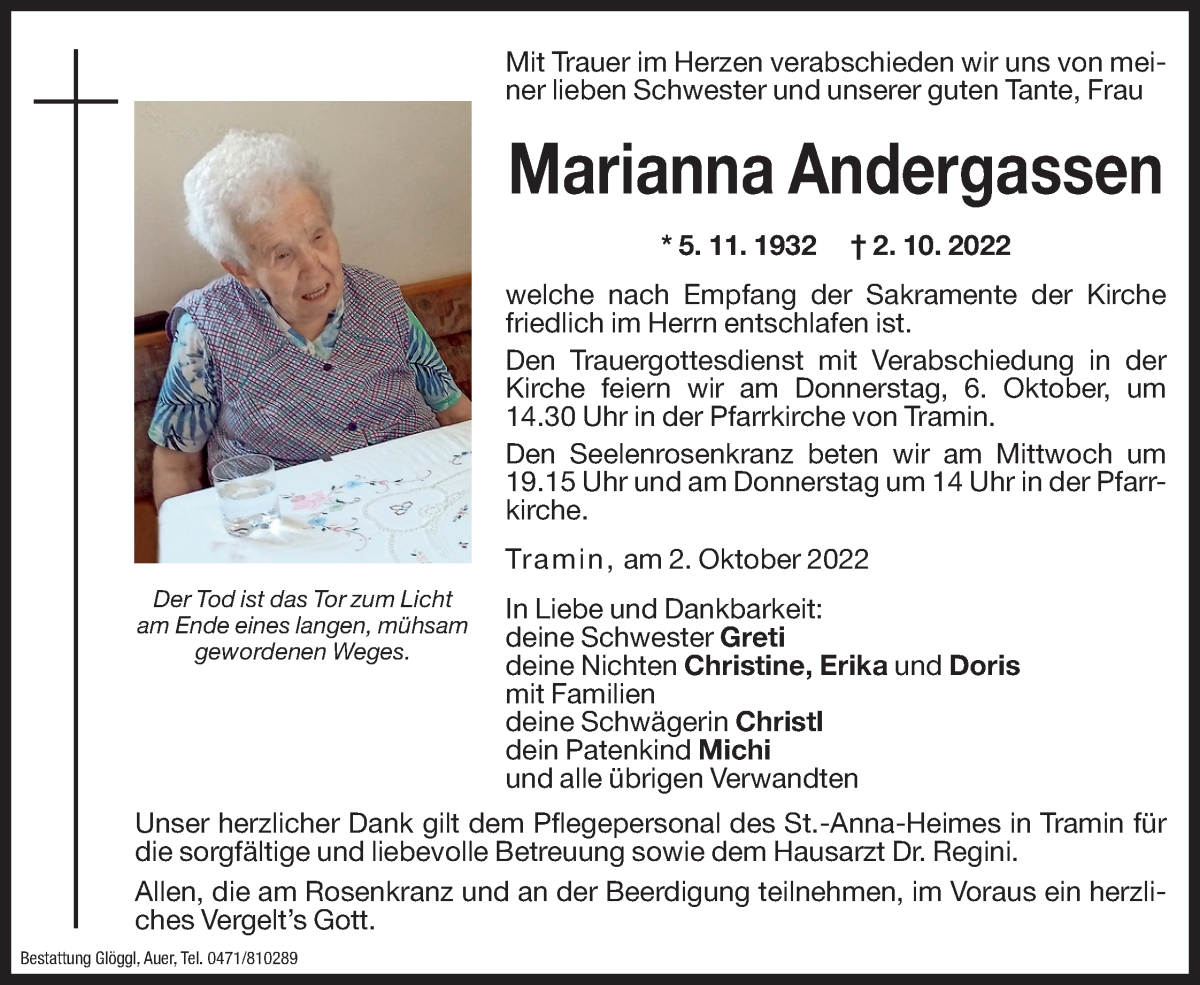  Traueranzeige für Marianna Andergassen vom 04.10.2022 aus Dolomiten
