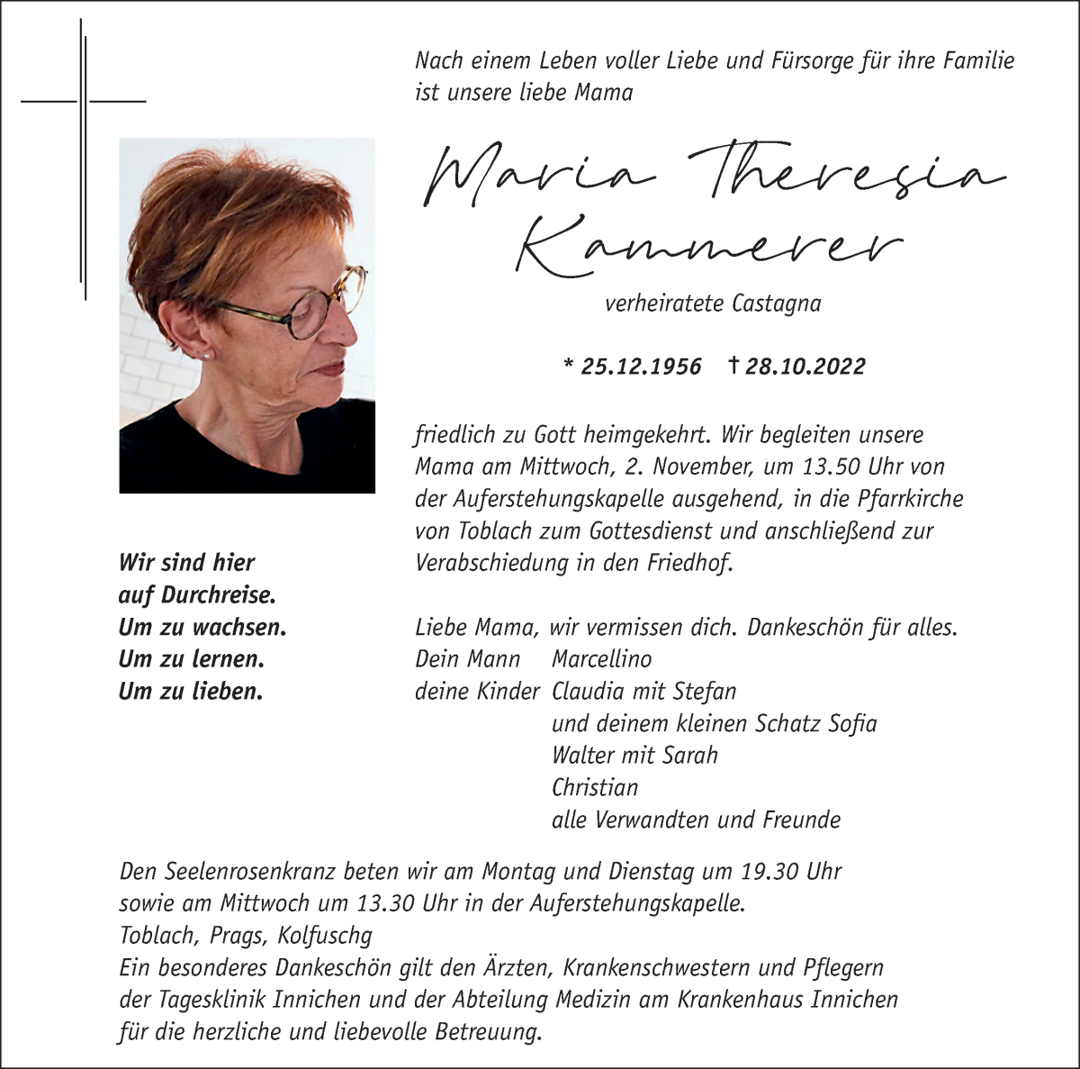  Traueranzeige für Maria Theresia Castagna vom 31.10.2022 aus Dolomiten