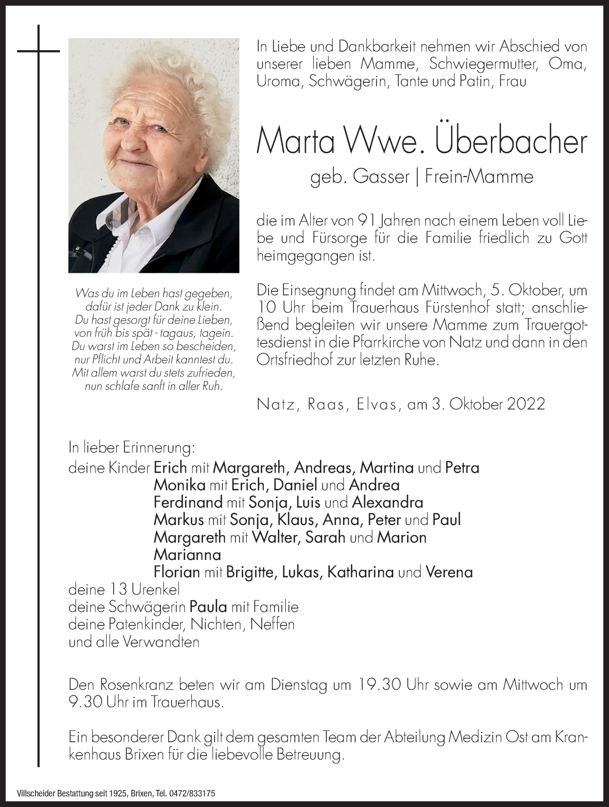  Traueranzeige für Marta Überbacher vom 04.10.2022 aus Dolomiten