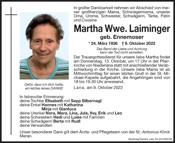 Traueranzeigen von Martha Laiminger | Trauer.bz