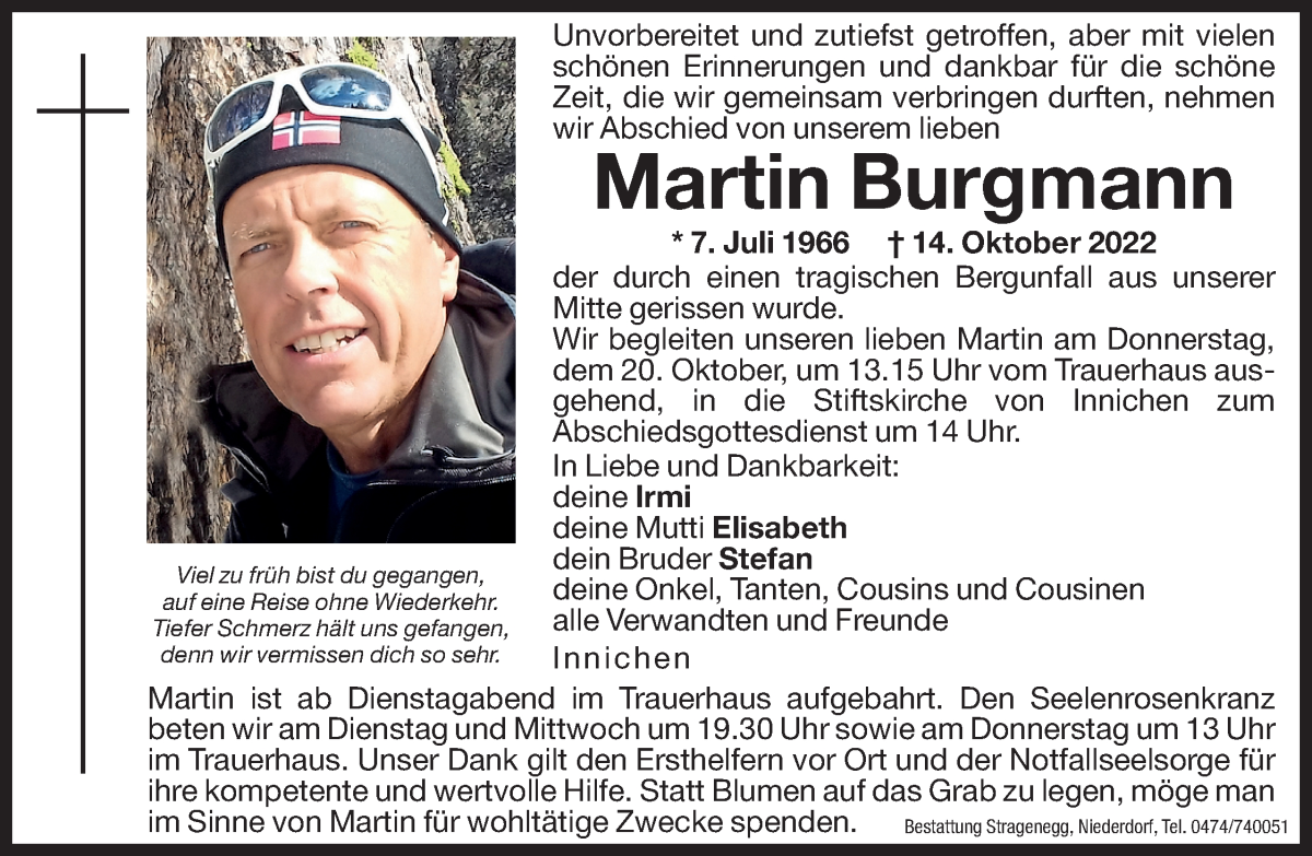  Traueranzeige für Martin Burgmann vom 18.10.2022 aus Dolomiten