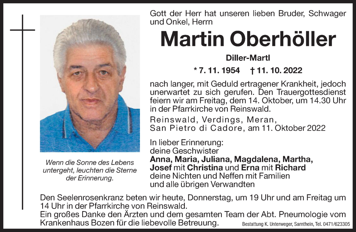  Traueranzeige für Martin Oberhöller vom 13.10.2022 aus Dolomiten