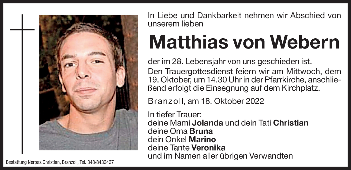  Traueranzeige für Matthias Von Webern vom 18.10.2022 aus Dolomiten