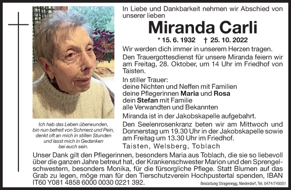 Traueranzeige von Miranda Carli von Dolomiten