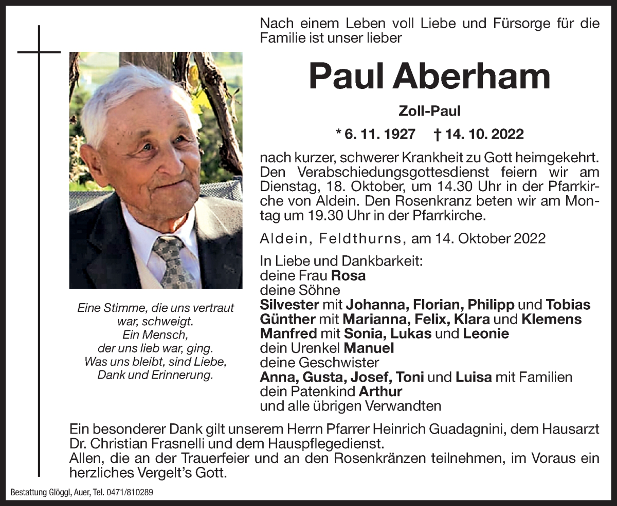  Traueranzeige für Paul Aberham vom 17.10.2022 aus Dolomiten