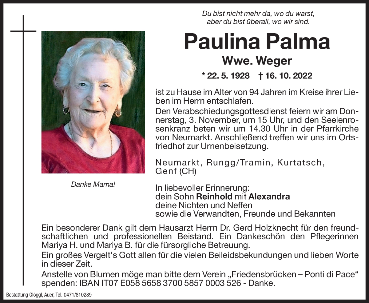  Traueranzeige für Paulina Weger vom 29.10.2022 aus Dolomiten