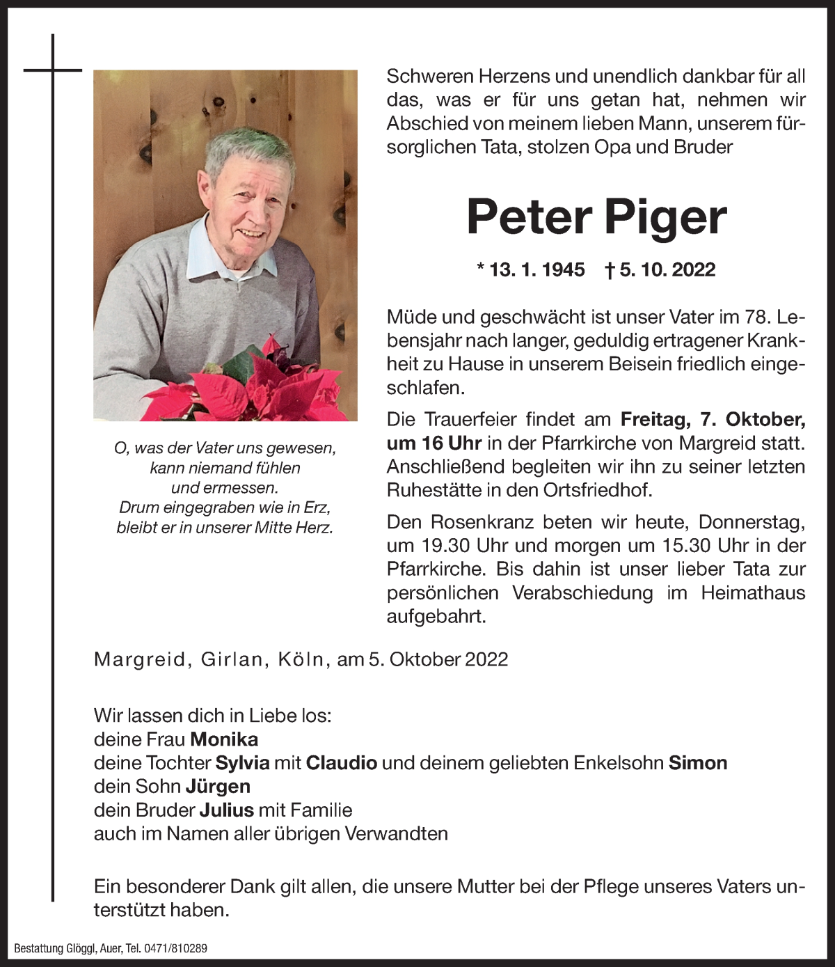  Traueranzeige für Peter Piger vom 06.10.2022 aus Dolomiten