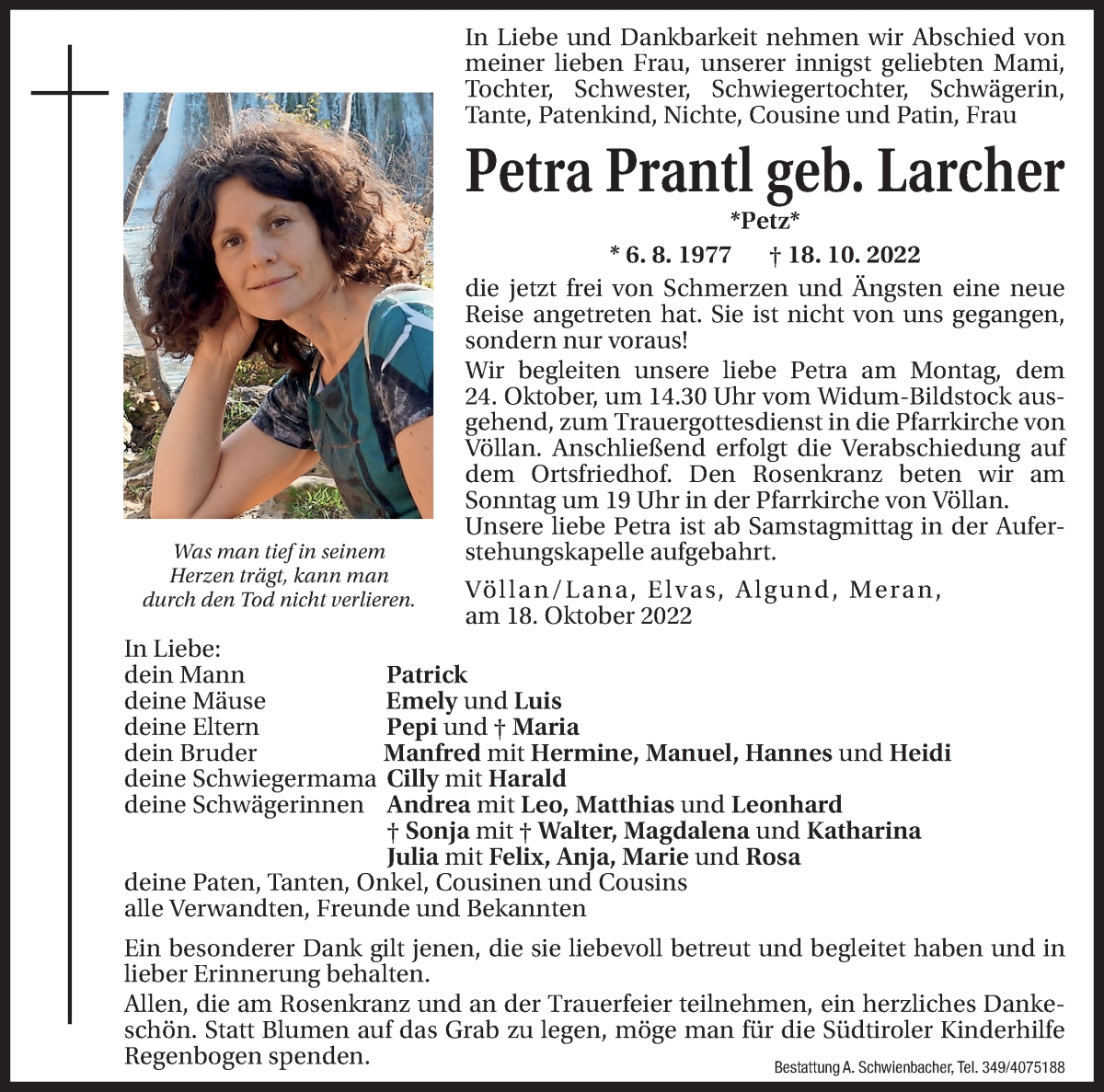  Traueranzeige für Petra Prantl vom 22.10.2022 aus Dolomiten