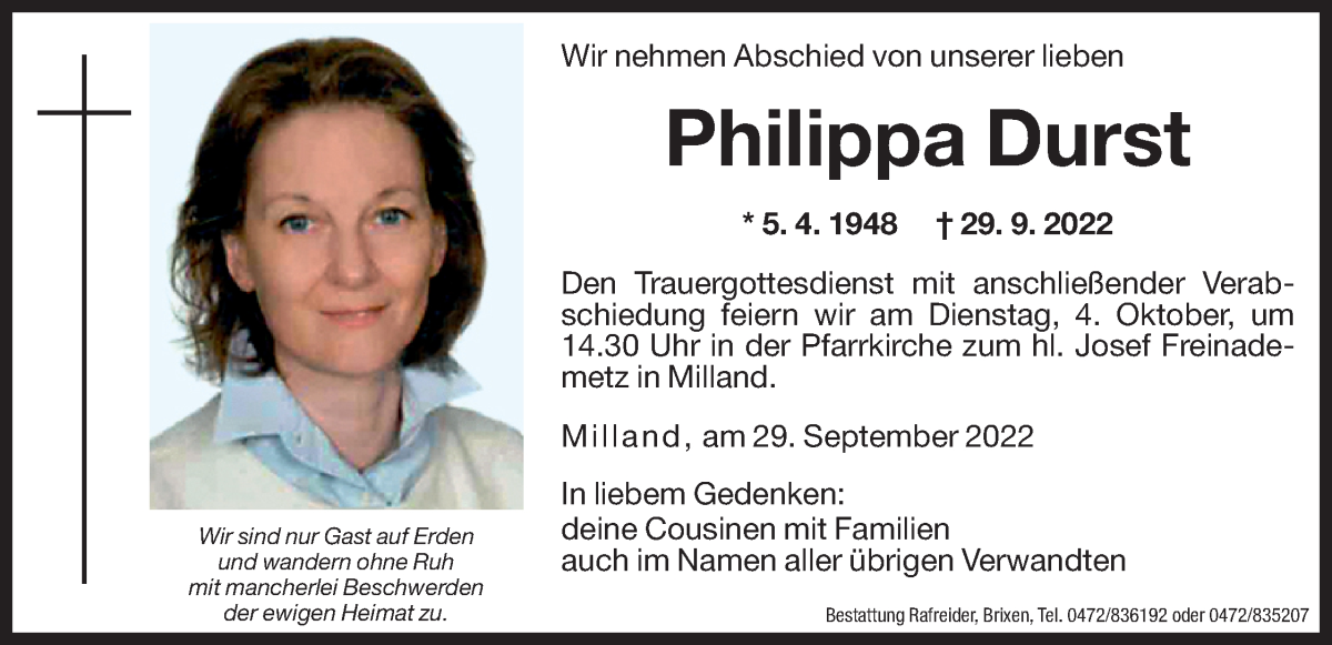  Traueranzeige für Philippa Durst vom 01.10.2022 aus Dolomiten