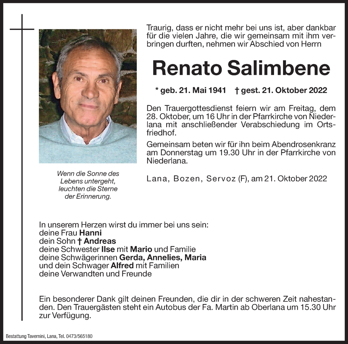  Traueranzeige für Renato Salimbene vom 27.10.2022 aus Dolomiten