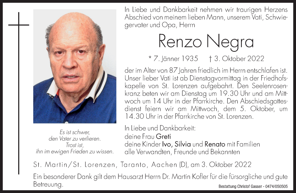  Traueranzeige für Renzo Negra vom 04.10.2022 aus Dolomiten