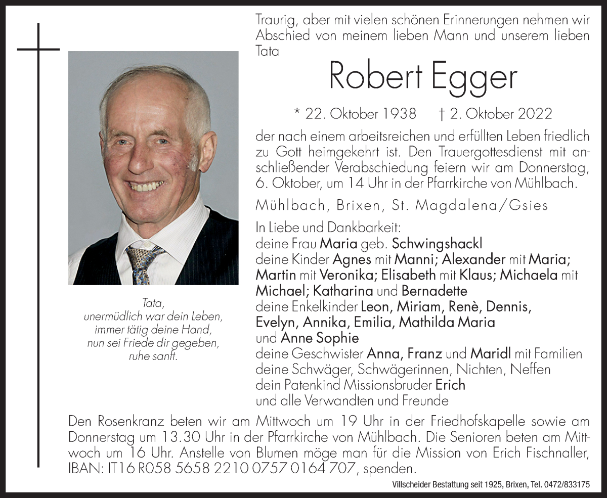  Traueranzeige für Robert Egger vom 04.10.2022 aus Dolomiten
