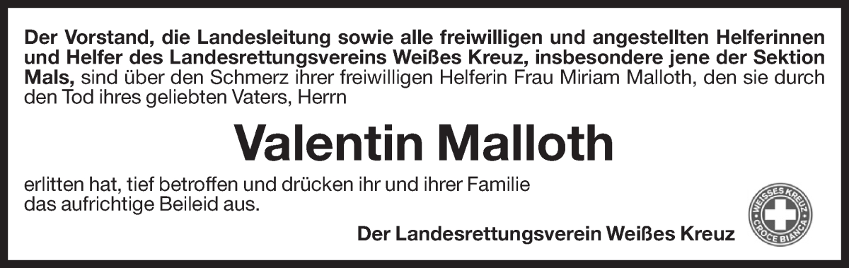  Traueranzeige für Valentin Malloth vom 17.10.2022 aus Dolomiten