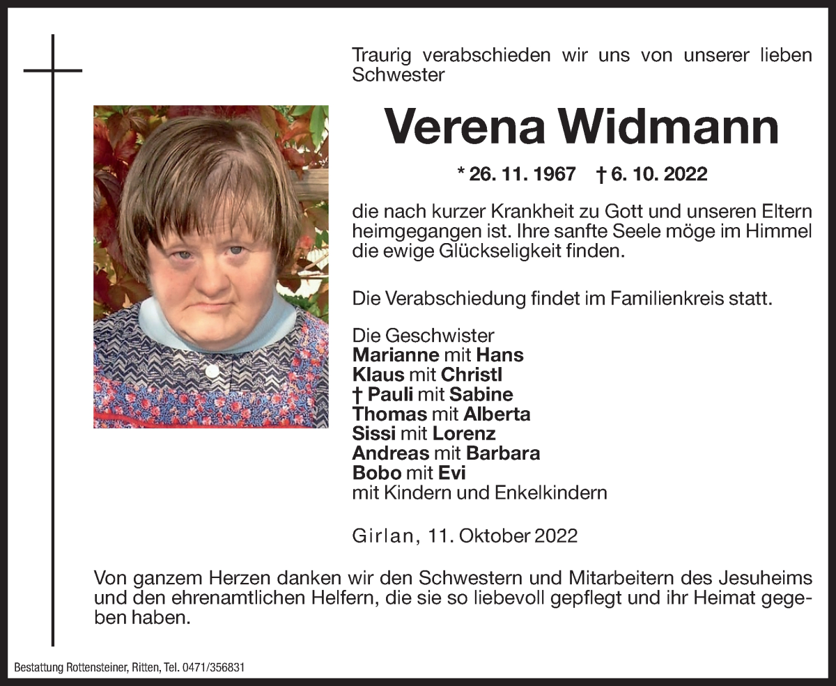  Traueranzeige für Verena Widmann vom 11.10.2022 aus Dolomiten
