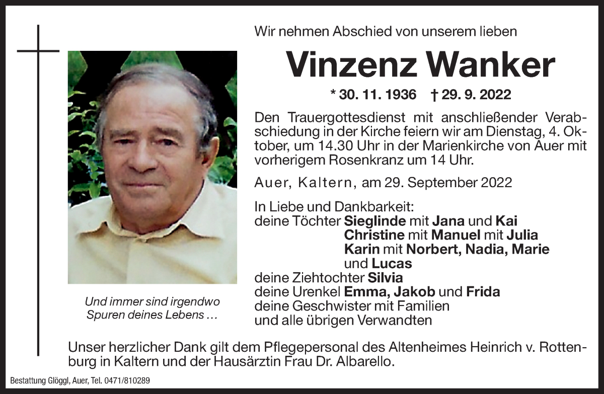  Traueranzeige für Vinzenz Wanker vom 01.10.2022 aus Dolomiten
