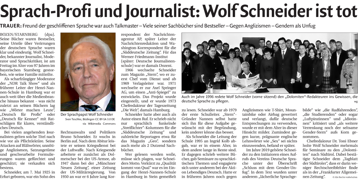  Traueranzeige für Wolf Schneider vom 12.11.2022 aus Dolomiten