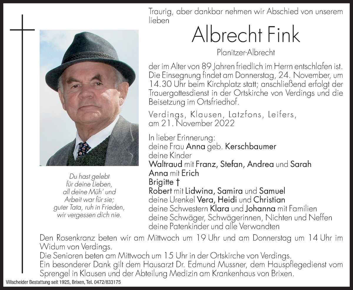  Traueranzeige für Albrecht Fink vom 23.11.2022 aus Dolomiten