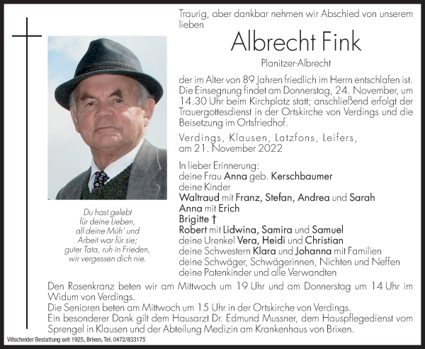 Traueranzeige von Albrecht Fink von Dolomiten