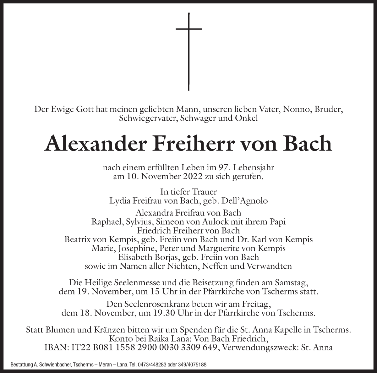  Traueranzeige für Alexander Freiherr von Bach vom 16.11.2022 aus Dolomiten