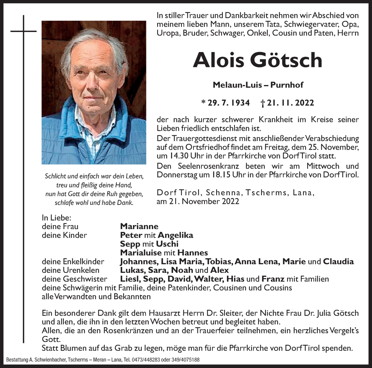  Traueranzeige für Alois Götsch vom 23.11.2022 aus Dolomiten