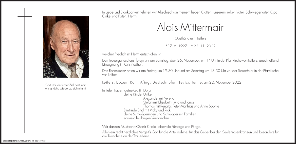  Traueranzeige für Alois Mittermair vom 24.11.2022 aus Dolomiten