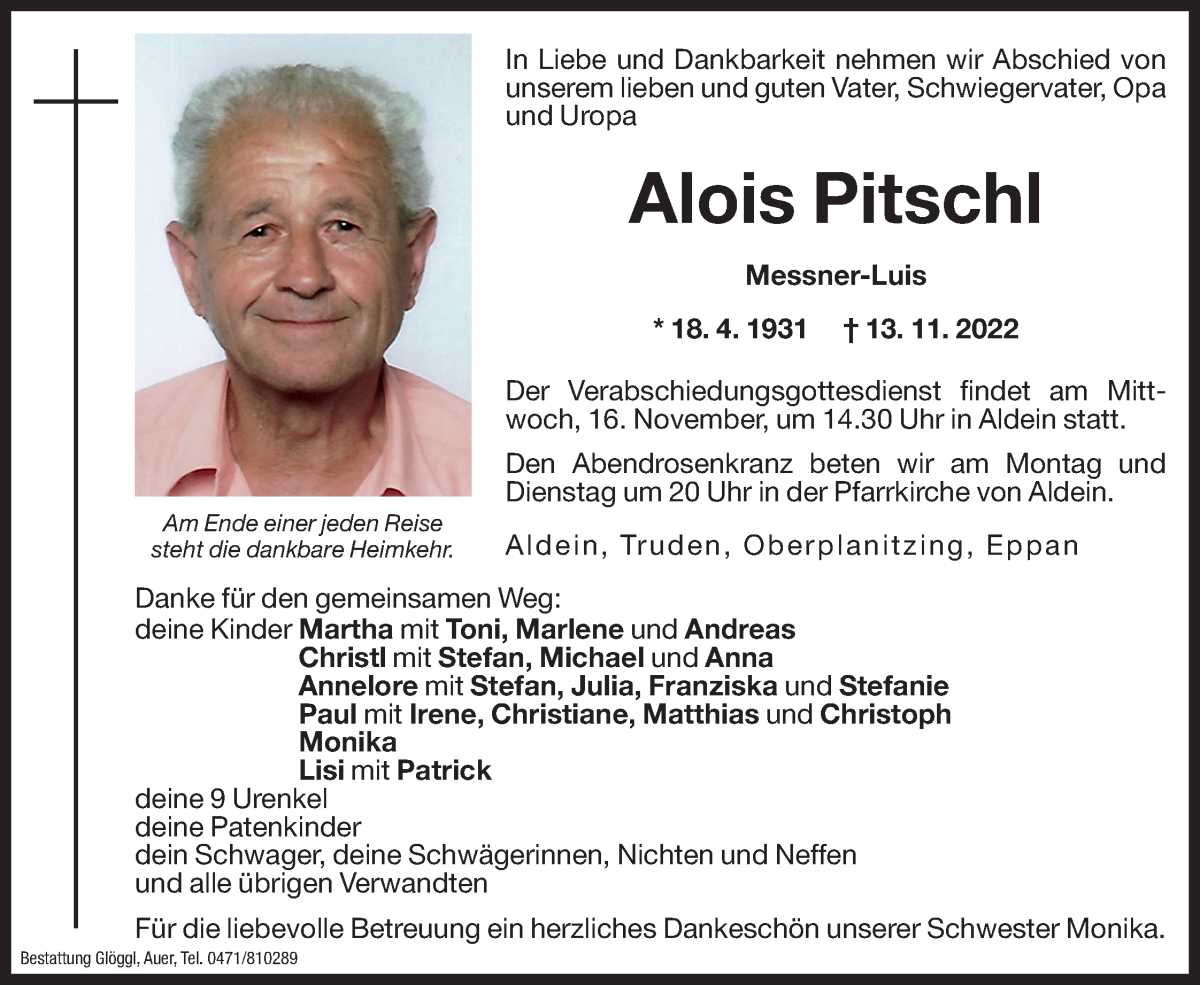  Traueranzeige für Alois Pitschl vom 14.11.2022 aus Dolomiten