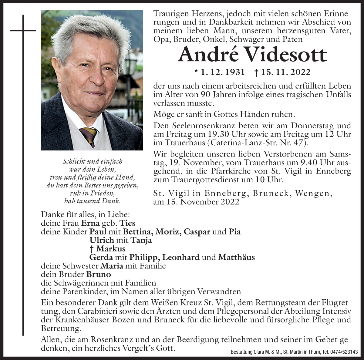  Traueranzeige für André Videsott vom 17.11.2022 aus Dolomiten