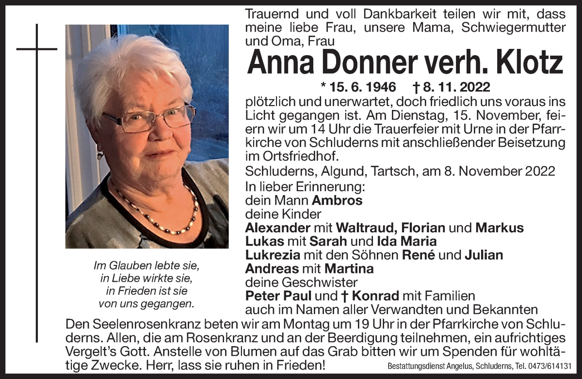  Traueranzeige für Anna Klotz vom 14.11.2022 aus Dolomiten