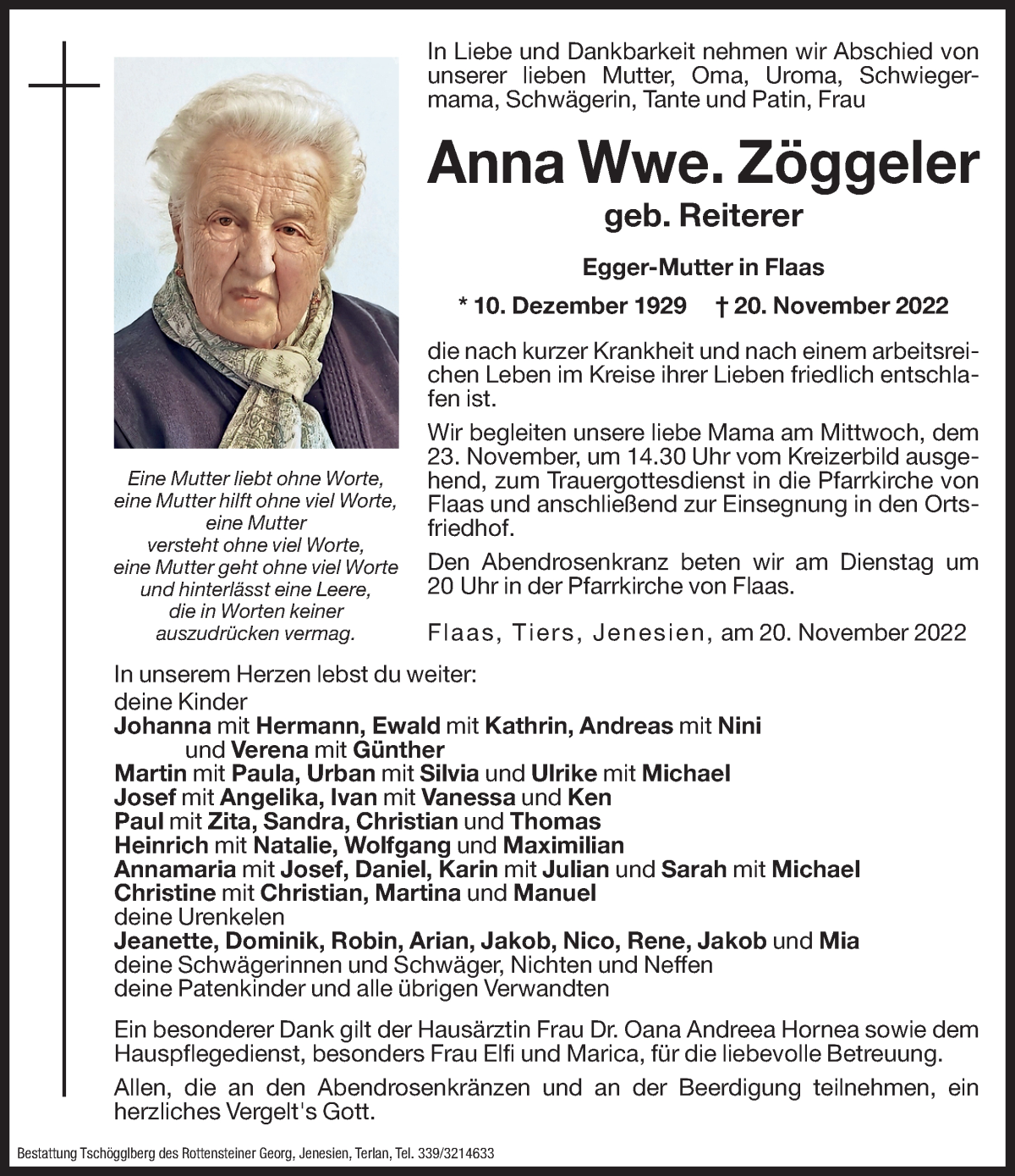  Traueranzeige für Anna Zöggeler vom 22.11.2022 aus Dolomiten