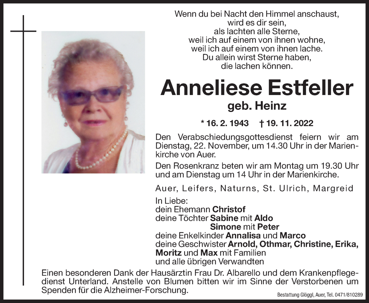  Traueranzeige für Anneliese Estfeller vom 21.11.2022 aus Dolomiten